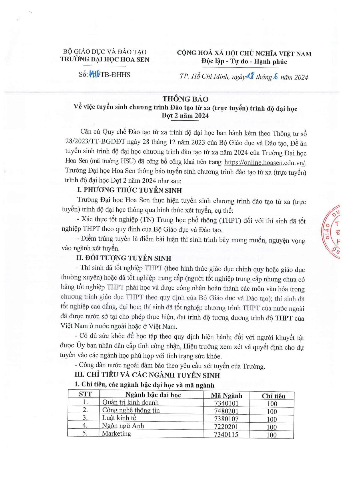 Thông báo về việc tuyển sinh Đào tạo trực tuyến trình độ Đại học Đợt 2 năm 2024 trang 1