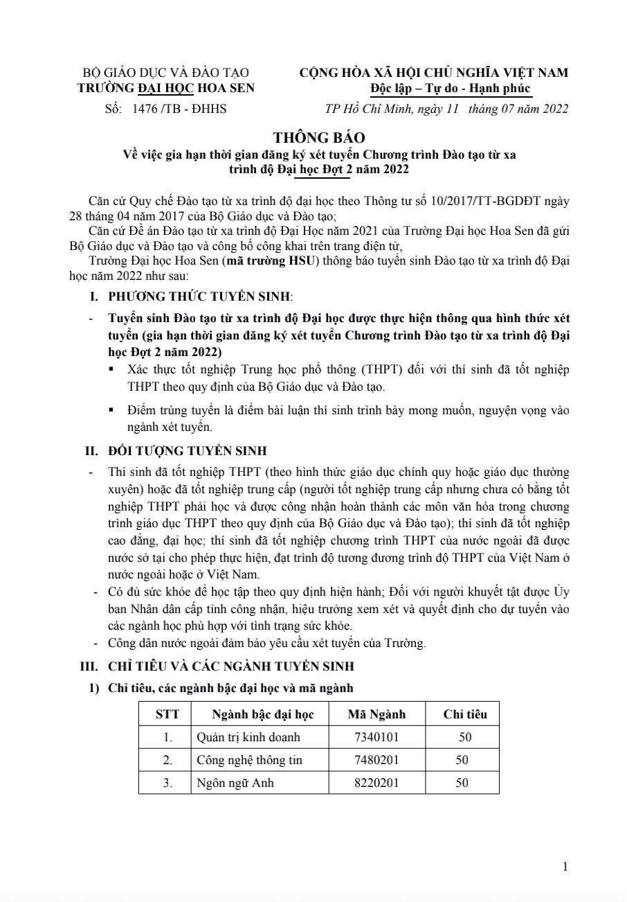 Thông báo về việc gia hạn thời gian đăng ký xét tuyển Chương trình Đào tạo trực tuyến trình độ Đại học Đợt 2 năm 2022 trang 1