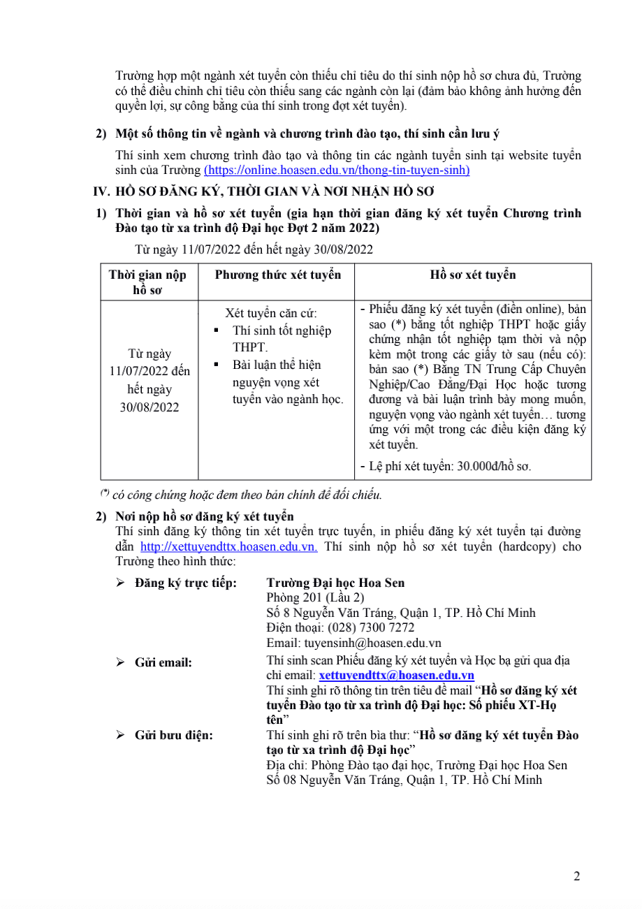 Thông báo về việc gia hạn thời gian đăng ký xét tuyển Chương trình Đào tạo trực tuyến trình độ Đại học Đợt 2 năm 2022 trang 2
