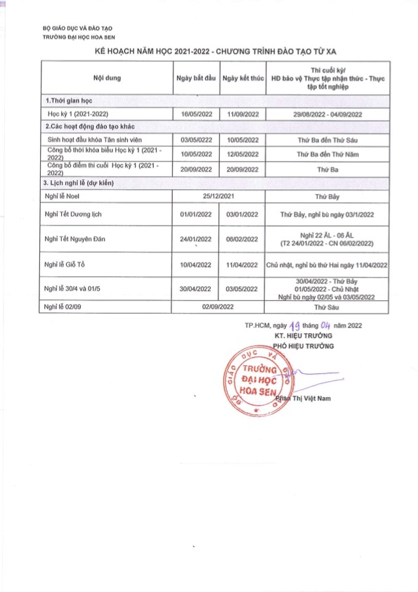 Kế hoạch đào tạo năm học 2021-2022 chương trình Đào tạo trực tuyến