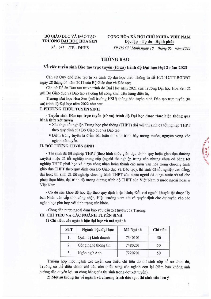 Thông báo về việc tuyển sinh Đào tạo trực tuyến trình độ Đại học Đợt 2 năm 2023 trang 1