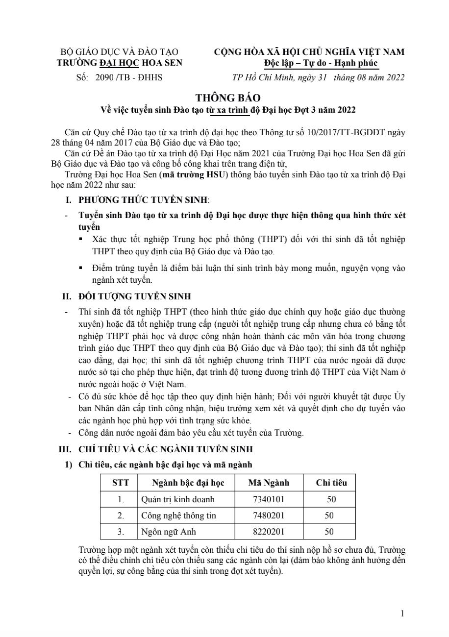 Thông báo về việc tuyển sinh Đào tạo trực tuyến trình độ Đại học Đợt 3 năm 2022 trang 1