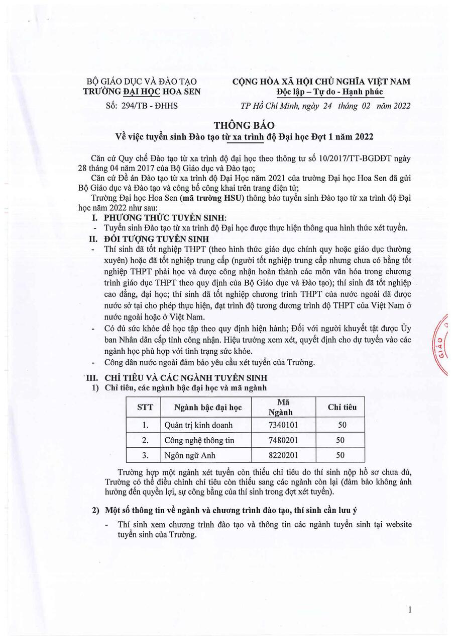 Thông báo về việc tuyển sinh Đào tạo trực tuyến trình độ Đại học Đợt 1 năm 2022 trang 1