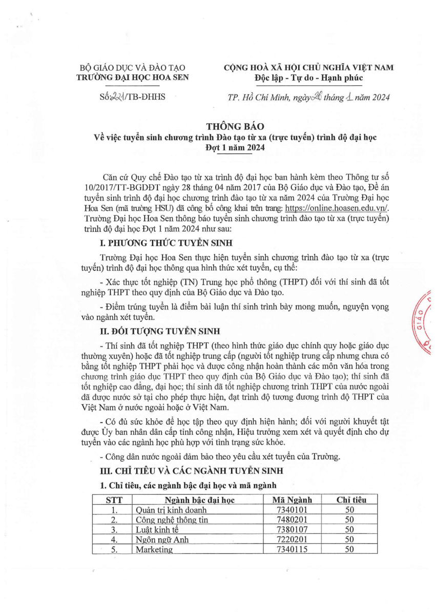 Thông báo về việc tuyển sinh Đào tạo trực tuyến trình độ Đại học Đợt 1 năm 2024 trang 1