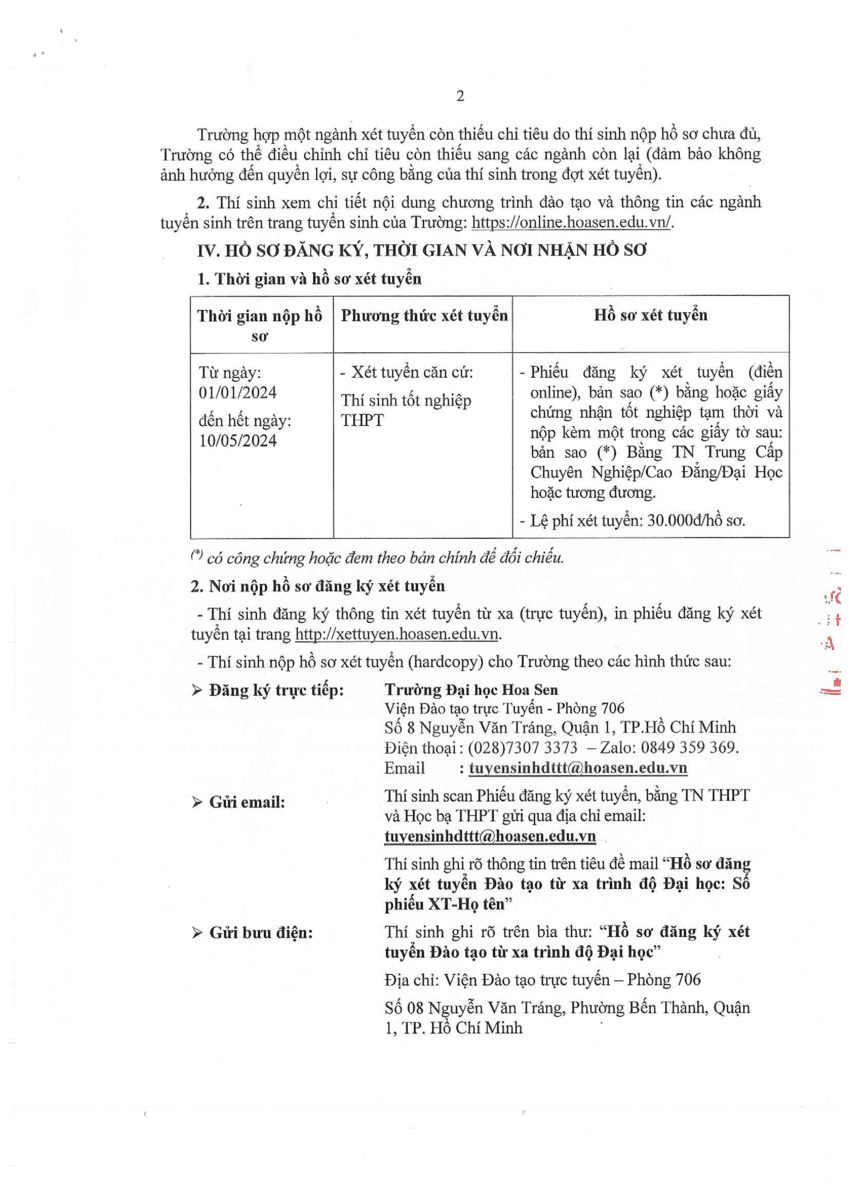 Thông báo về việc tuyển sinh Đào tạo trực tuyến trình độ Đại học Đợt 1 năm 2024 trang 2