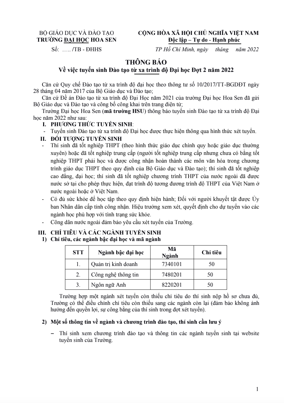 Thông báo về việc tuyển sinh Đào tạo Đợt 2 năm 2022 trang 1