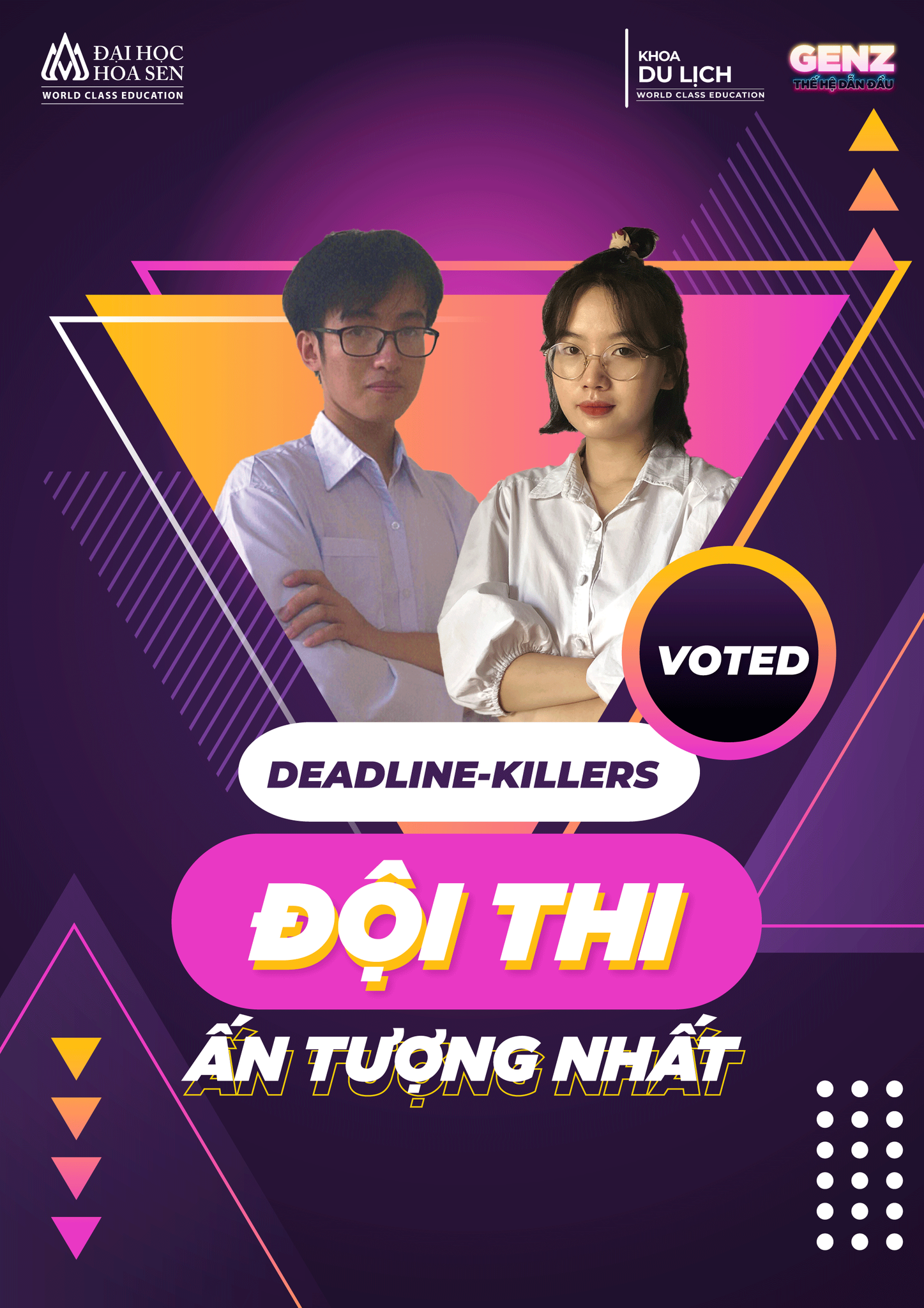 May be a cartoon of 2 people and text that says 'ĐẠI HỌC HOASEN Û KHOA DU LICH GENZ Û R VOTED DEADLINE-KILLERS ĐỘI THI ÂN TƯỢNG NHẤT D'